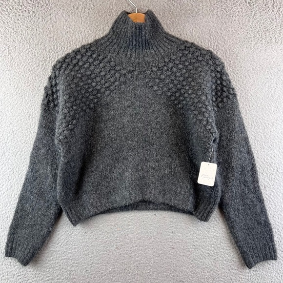 New Free People XS Charcoal Heather Mock Neck Textured Knit...
